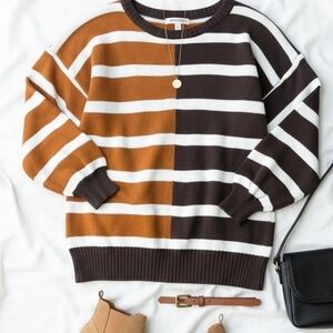 Colorblock Striped Crewneck Sweater in Brown, Tan & Cream